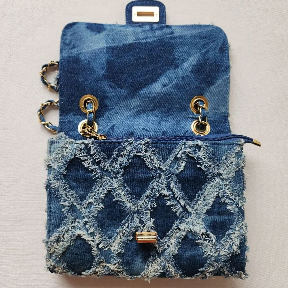 M. Marco MKP Quilted Distressed Denim Jean Handbag Crossbody Gold Chain Y2K 90s - Picture 9 of 12